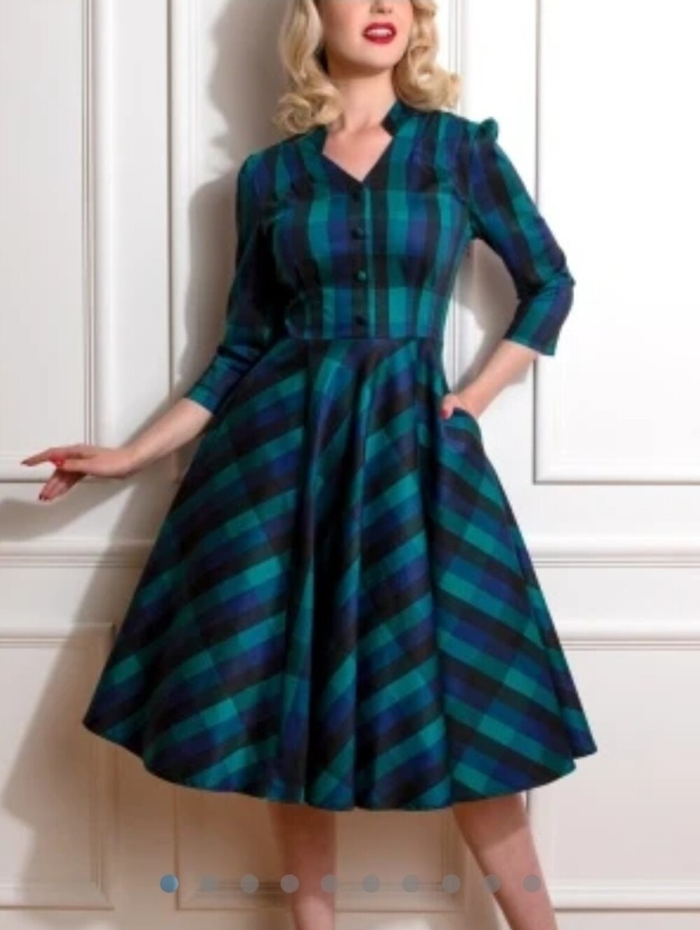 Retro Green and Navy Plaid Midi Fit-and-Flare Dress - XXL (US 16)